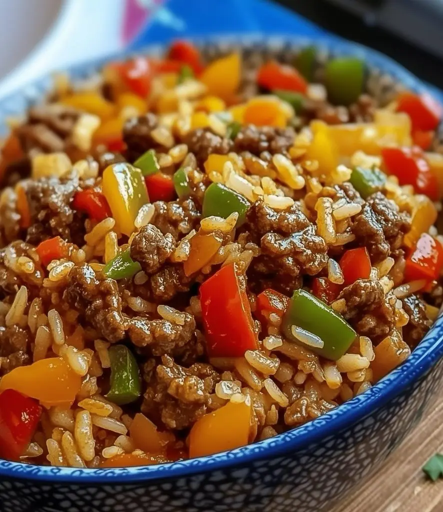 A close up of a beef pepper rice bowl with crispy rice and glazed beef