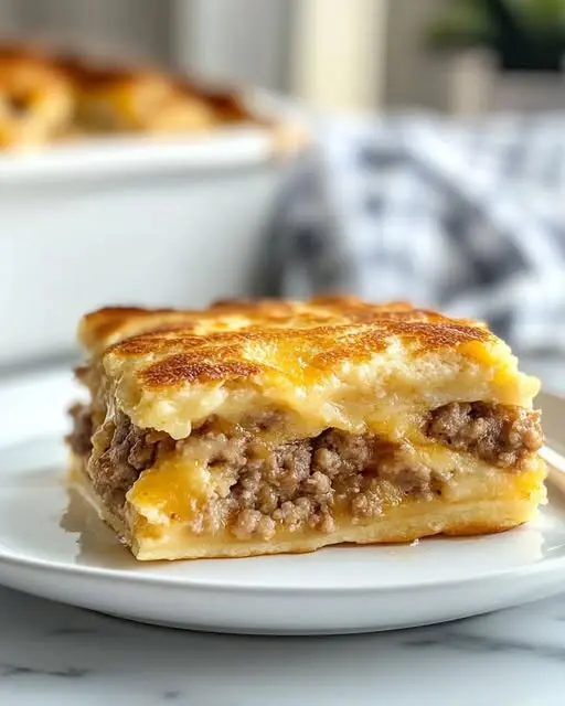 A close up shot of a cheeseburger biscuit cut in half showing the meat and cheese center