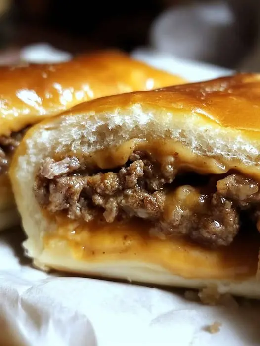 Finished baked cheeseburger stuffed rolls brushed with garlic butter and herbs.