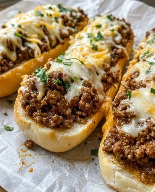 A close-up of a cheesy beef sandwich showing the melted cheese and sautéed onions