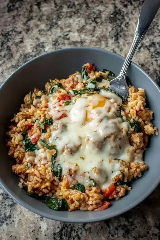 A close up shot of a fork lifting a bite of cheesy chicken and rice