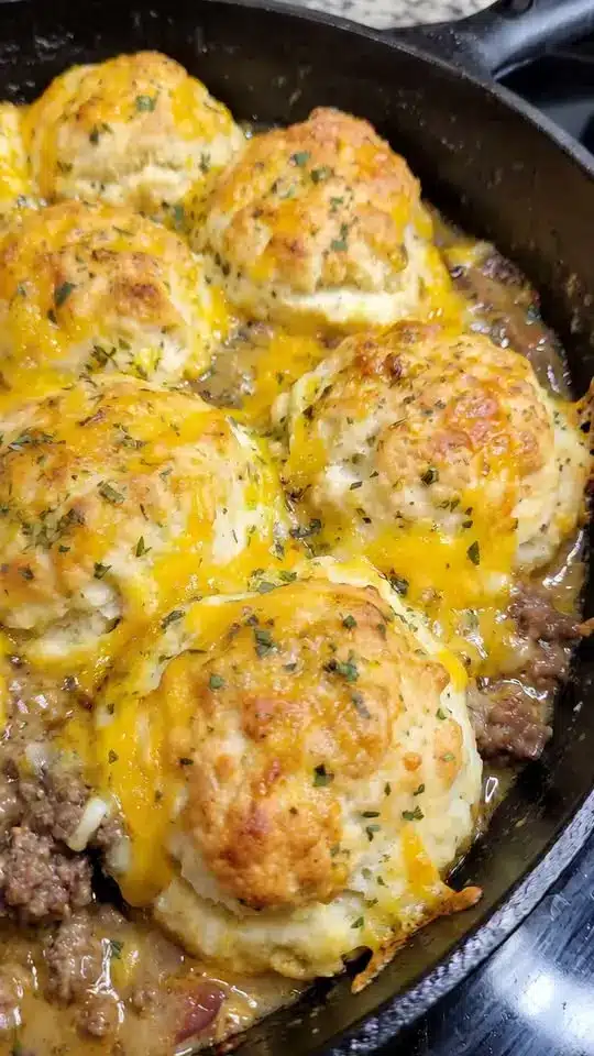 The finished cheesy chicken skillet served over a bed of pasta with a side of garlic bread.