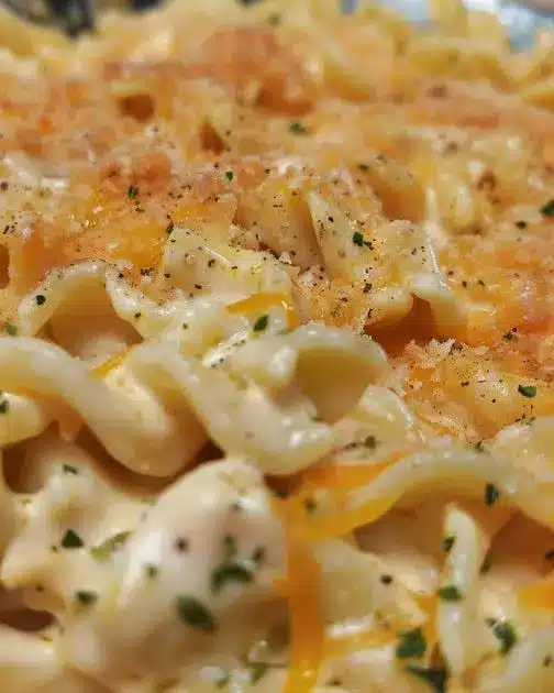 A serving of cheesy egg noodles garnished with fresh parsley on a ceramic plate.