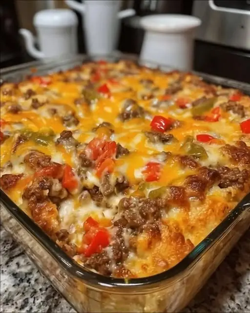 Scooping a portion of ground beef casserole with long cheese pulls