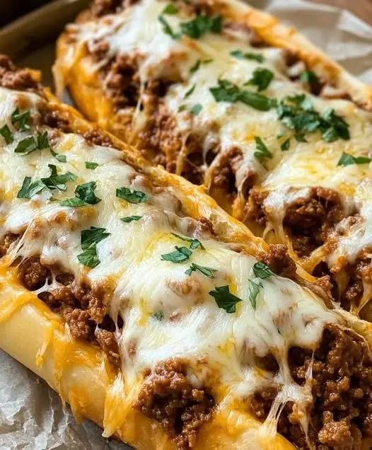 Two meatball subs on a platter garnished with fresh basil
