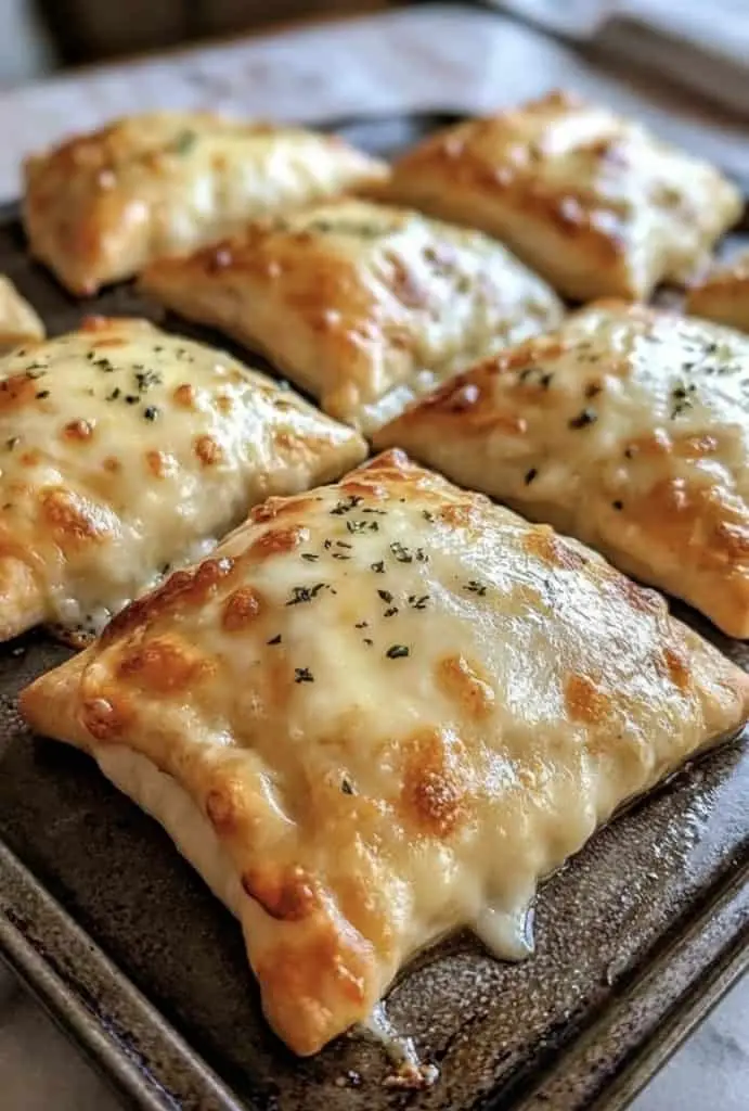 Platter of baked pizza pockets served with a side of marinara dipping sauce.