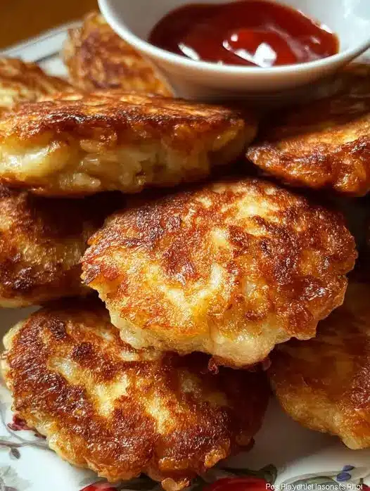 Two crispy potato patties served with a side of sour cream and fresh herbs.