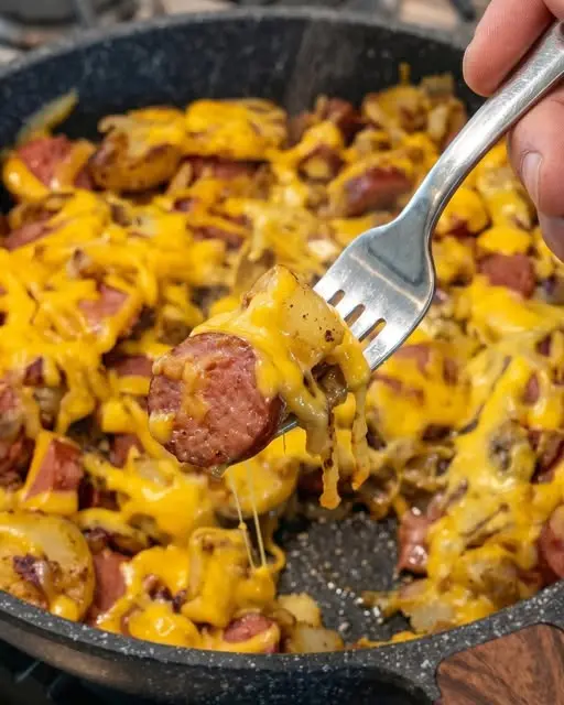 A close up shot of a fork lifting a cheesy potato and sausage bite from the skillet.