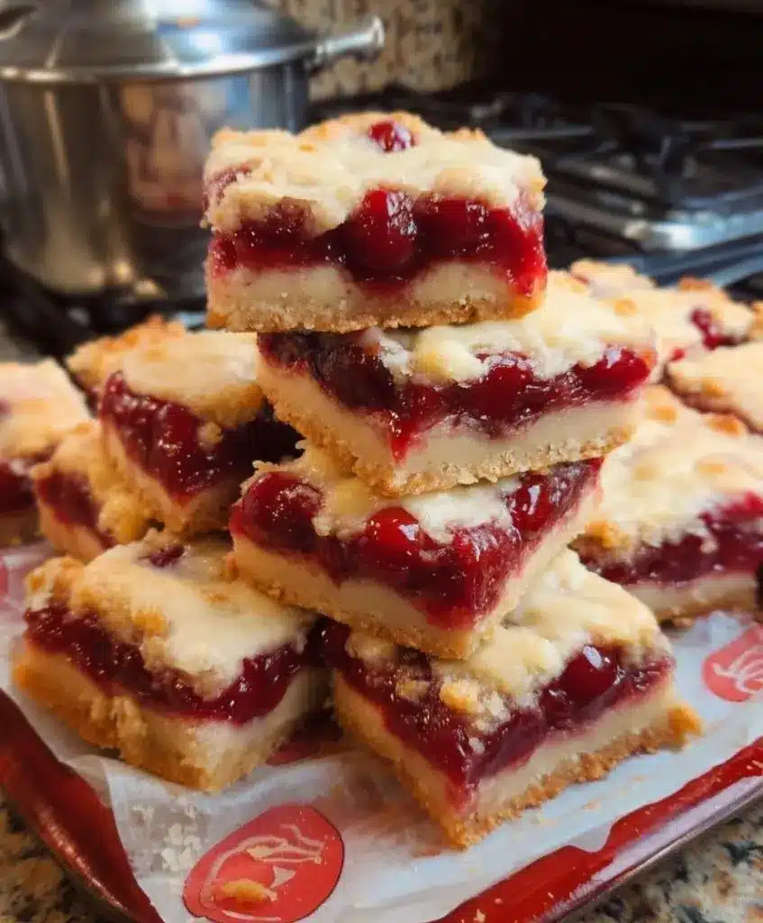 Individual cherry crumble bars stacked on a plate, showing the thick cherry layer and the buttery crust.