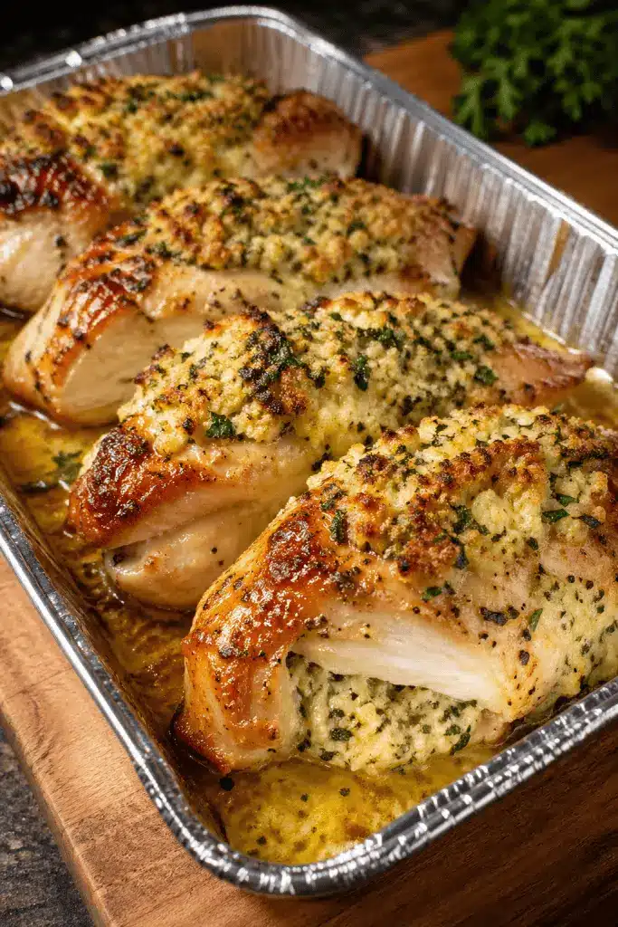 finished chicken and stuffing bake served on a white plate with a side of green beans