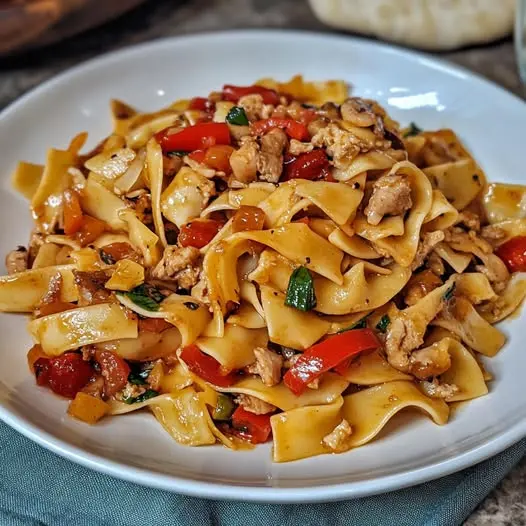A finished bowl of easy chicken noodle stir fry garnished with green onions and sesame seeds.