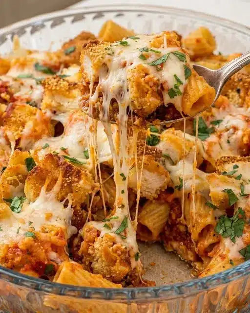a serving of chicken parmesan biscuit casserole on a white plate with fresh basil