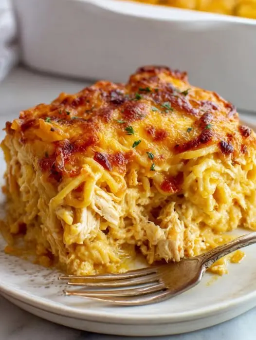 A serving of creamy chicken spaghetti casserole on a white plate