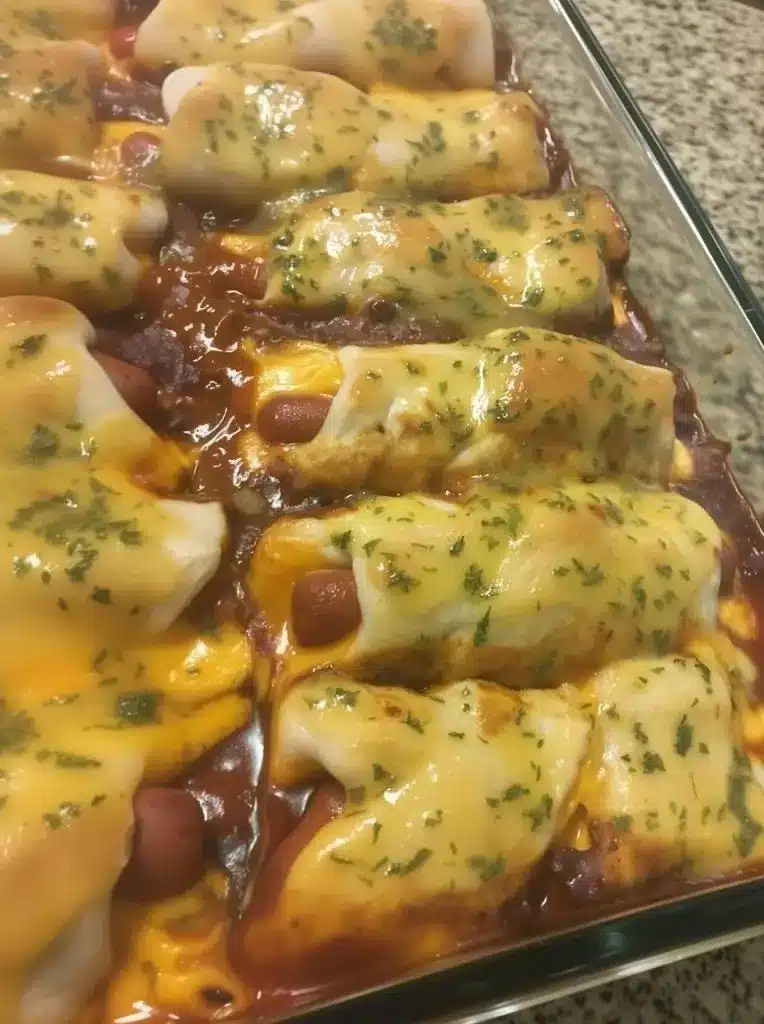 golden brown baked chili cheese dog casserole in a glass dish with melted cheese on top
