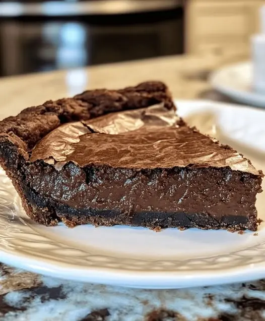 A slice of chocolate brownie pie served on a plate with vanilla ice cream