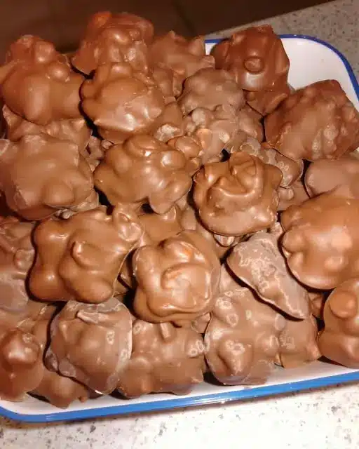 Close-up of a chocolate peanut cluster showing the glossy chocolate and roasted nut texture.