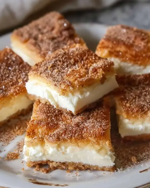sliced cinnamon cheesecake bars served on a plate showing the creamy layers