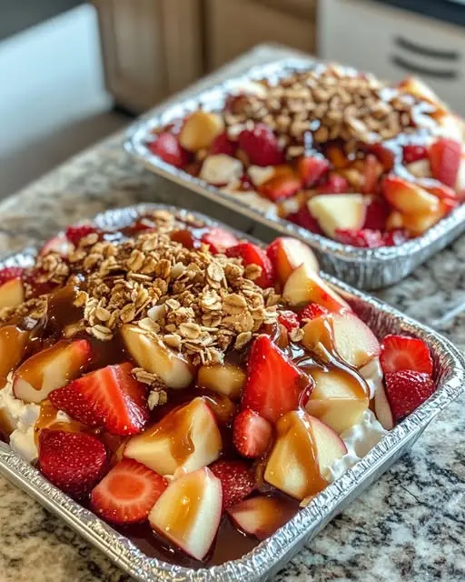 A glass bowl filled with creamy caramel apple salad garnished with extra caramel drizzle and candy bits