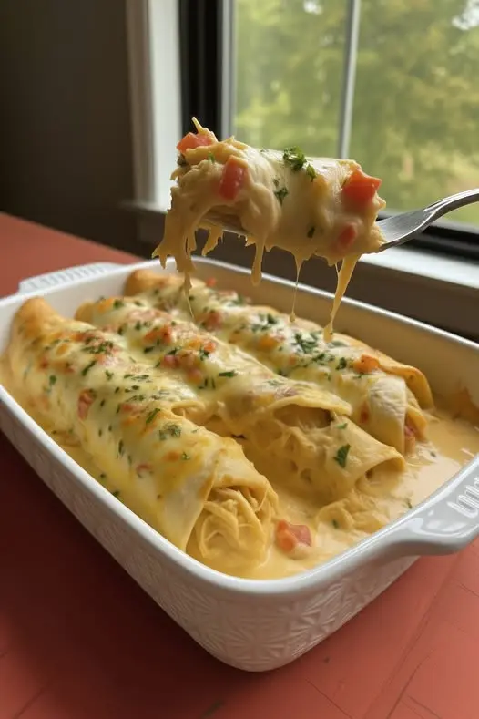 baked creamy chicken enchiladas in a casserole dish topped with melted cheese and fresh cilantro