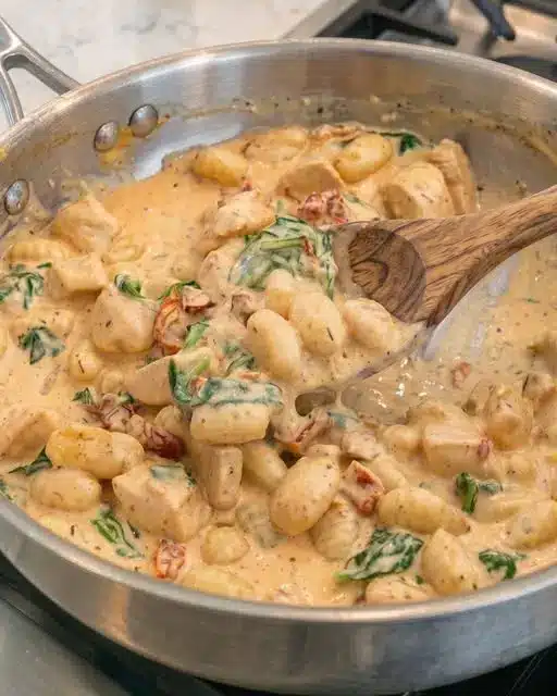 Finished chicken gnocchi served in a white bowl with parsley garnish