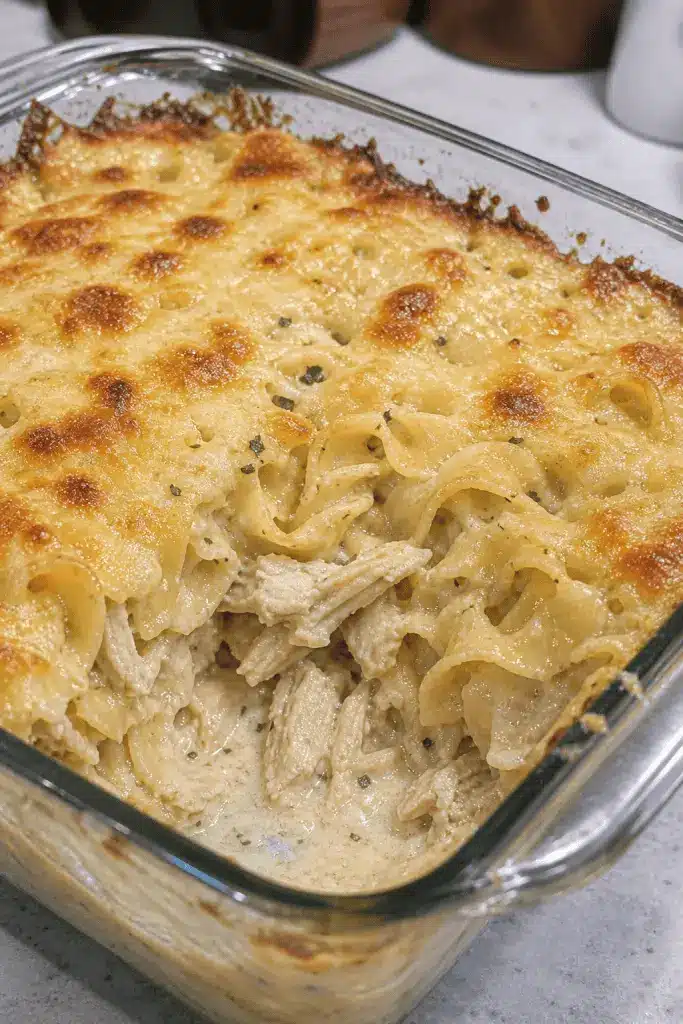A serving of chicken noodle casserole on a plate showing the creamy texture and shredded chicken