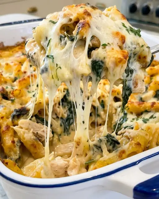 Serving of creamy chicken pasta bake on a white plate with a side salad