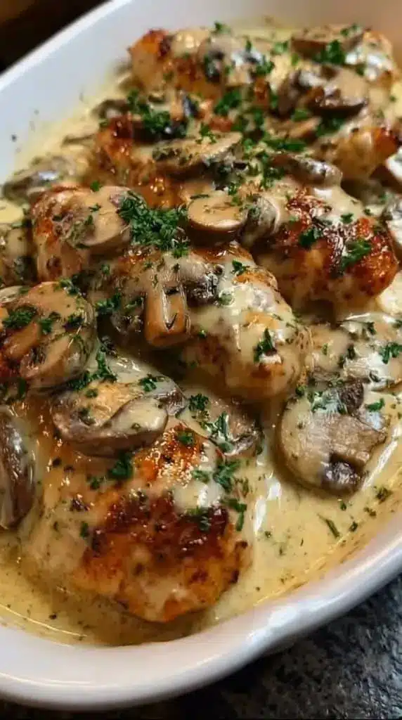 Plated creamy mushroom chicken served with fresh herbs and a side of vegetables