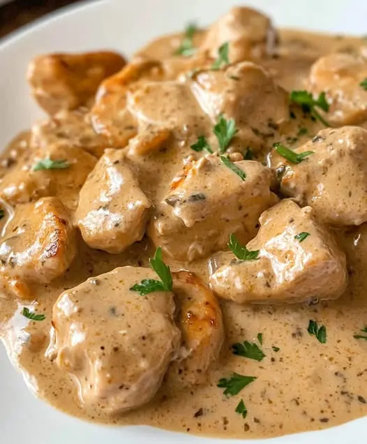 Creamy paprika chicken served over a bed of egg noodles.
