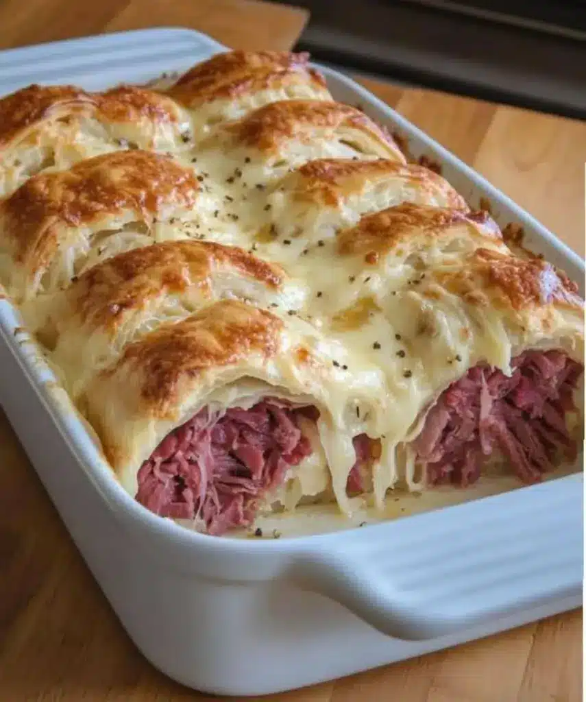 Sliced portion of easy crescent roll reuben bake on a plate with extra dressing on the side