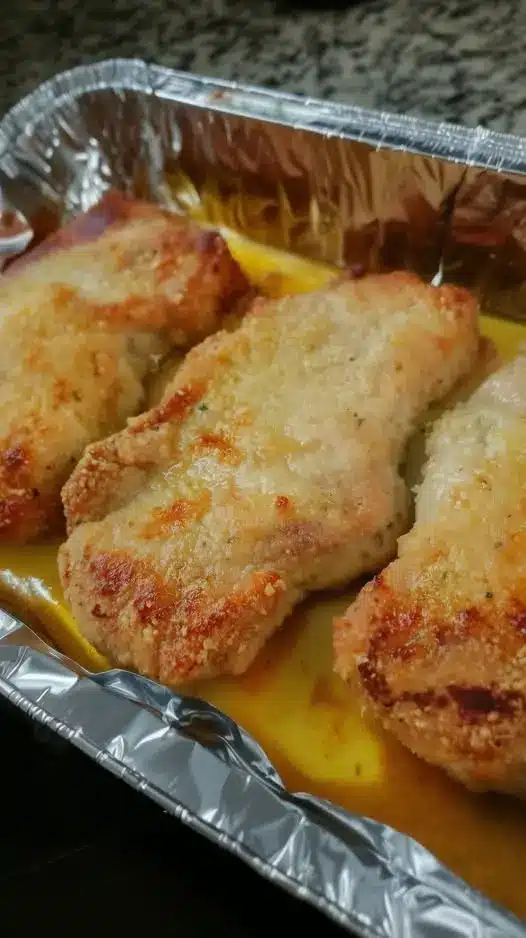 Close up of a sliced crispy baked chicken cutlet showing the juicy interior