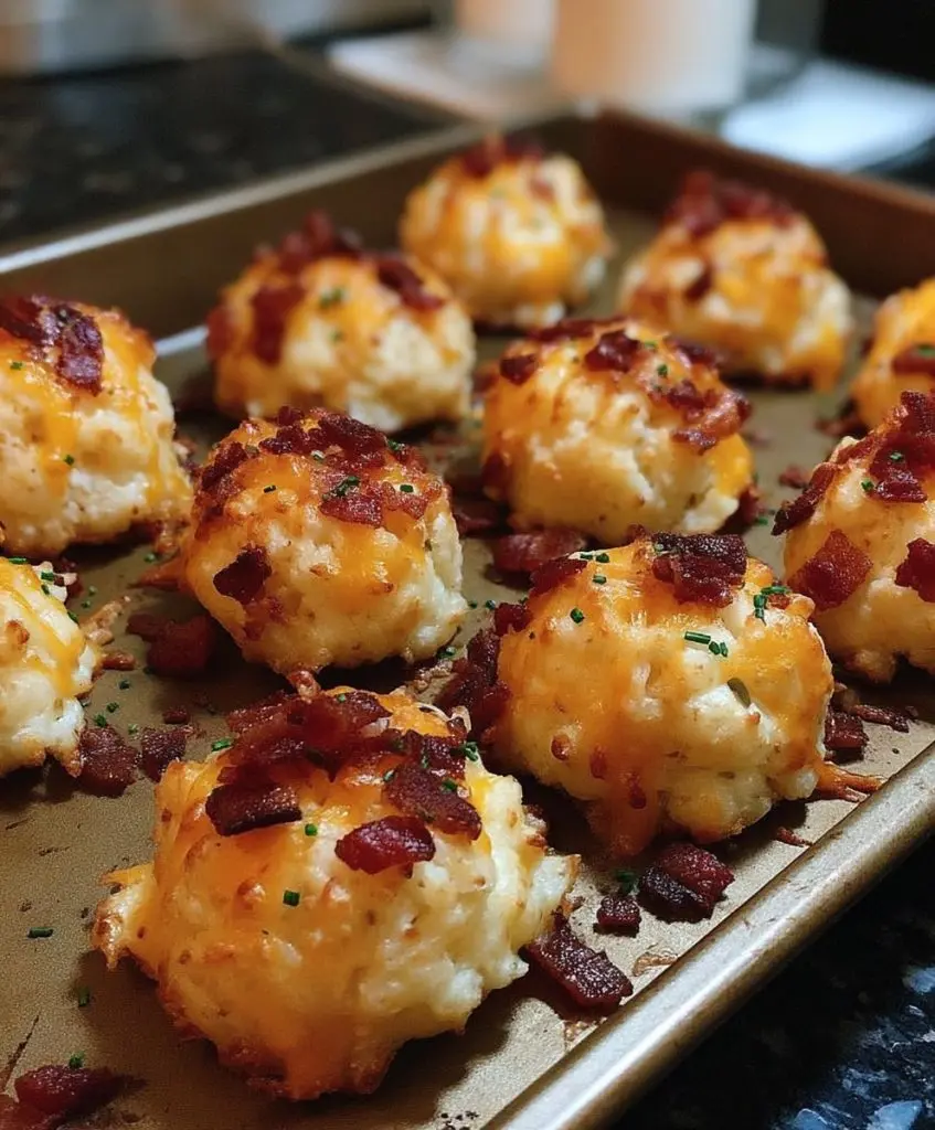 A tray of baked potato balls served with a side of creamy ranch dipping sauce and fresh herbs.