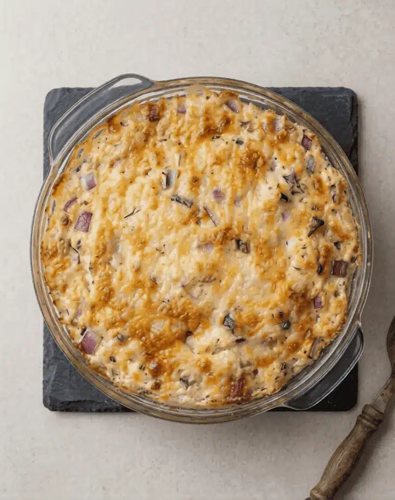 A bowl of creamy four onion dip topped with fresh chives, served with thick-cut potato chips.
