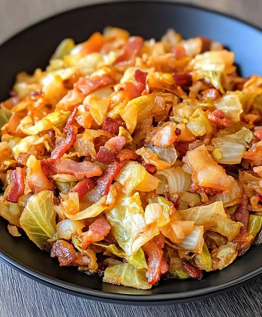 A close up shot of fried cabbage with bacon served in a bowl, showing the caramelized edges of the vegetables.