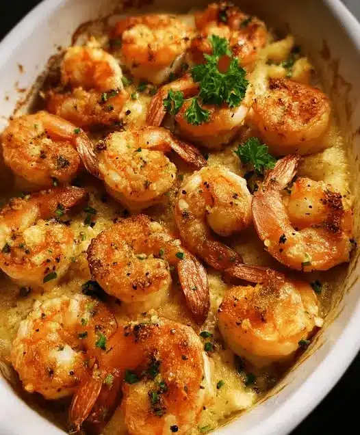 Garlic butter shrimp served on a white plate with lemon wedges and crusty bread