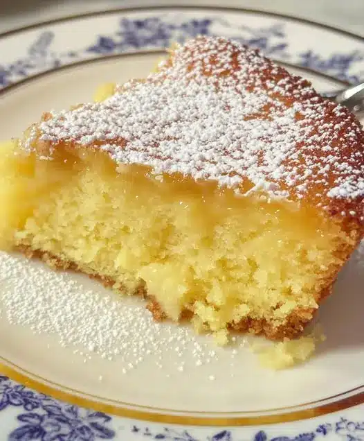 A whole gooey butter cake in a baking dish with a dusted powdered sugar top