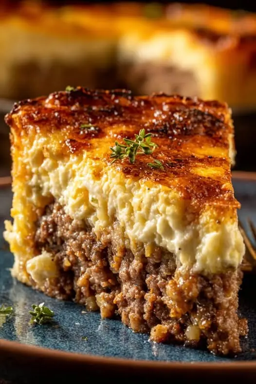 A scoop of cheeseburger casserole being served from a white pan