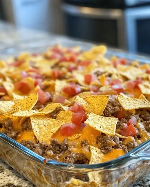 A portion of taco casserole served on a plate with avocado slices and a side of sour cream.