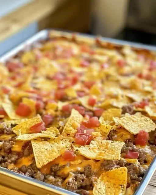 Finished ground beef taco casserole topped with fresh cilantro and sour cream