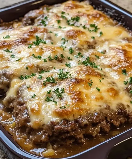 finished hamburger steak casserole served with a side of green beans