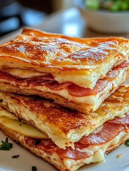 A close up of a ham and cheese puff pastry sliced to show the melted cheese and ham layers