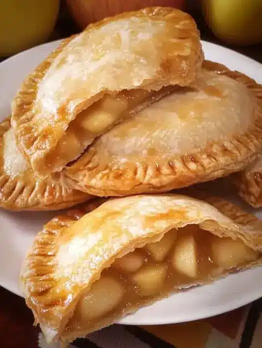 Stack of finished apple hand pies showing flaky crust details