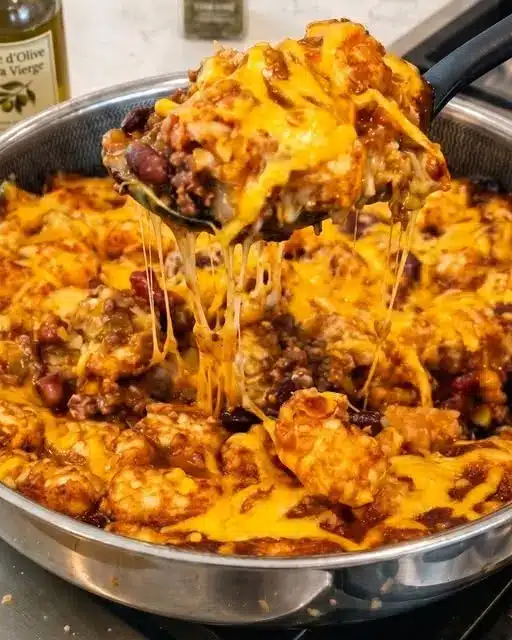 Finished cowboy casserole served on a white plate with garnishes