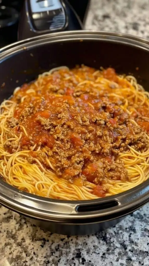 A finished plate of cowboy spaghetti topped with fresh parsley and extra bacon bits.