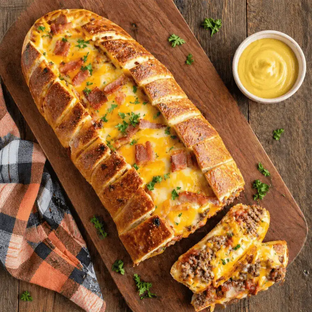 A platter of sliced garbage bread served with a side of dipping sauce