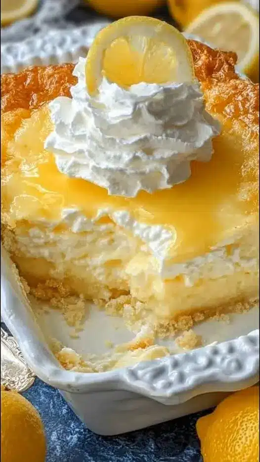 A slice of lemon cheesecake on a plate with a garnish of mint and a lemon wedge