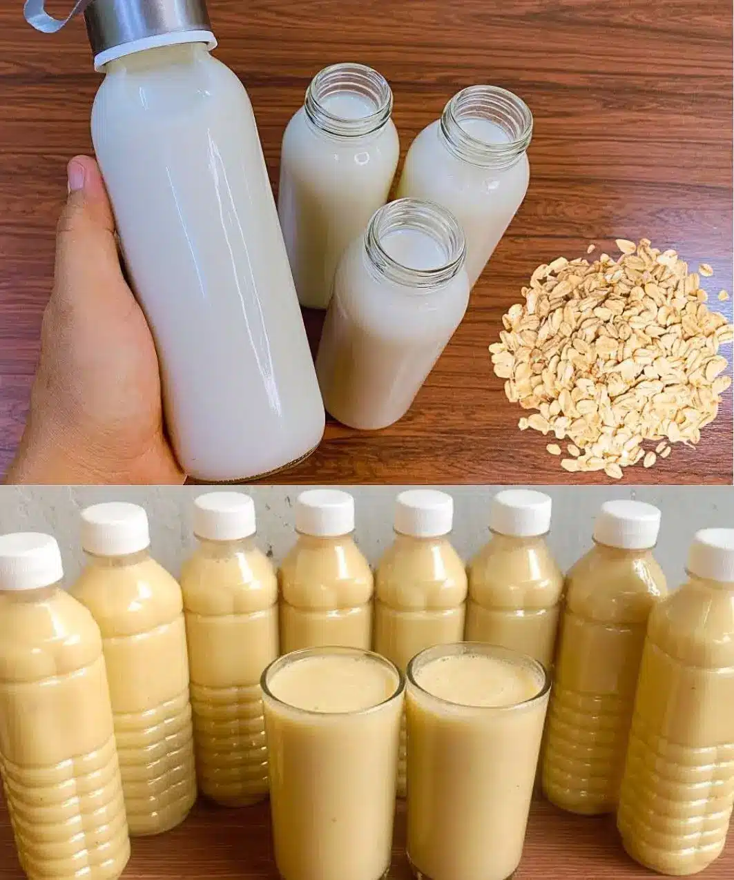 A glass of creamy homemade oat milk being poured into a cup of coffee.