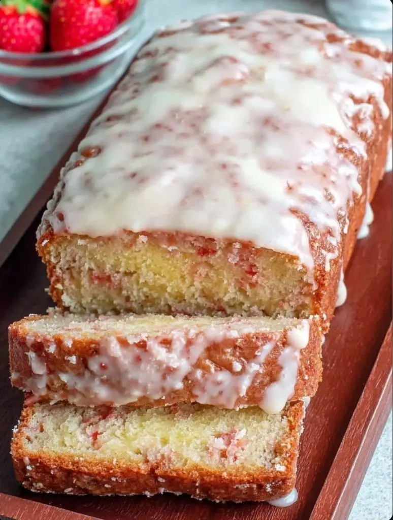 A perfectly sliced loaf of homemade strawberry bread on a wooden board