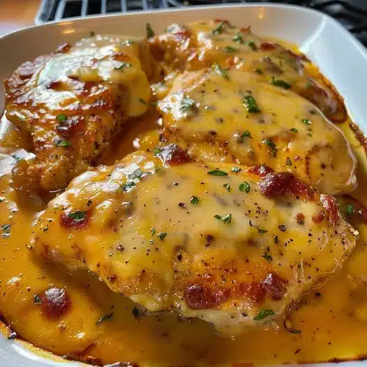 The finished easy honey mustard chicken served on a plate with steamed green beans