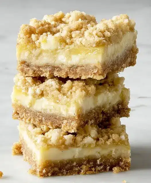 Slices of lemon crumb bars stacked on a plate showing the layered texture