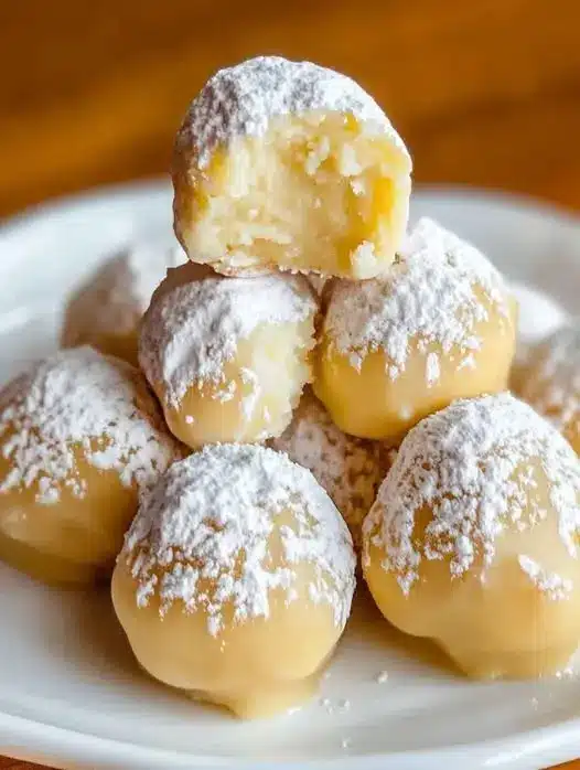Finished white chocolate lemon truffles arranged on a serving platter